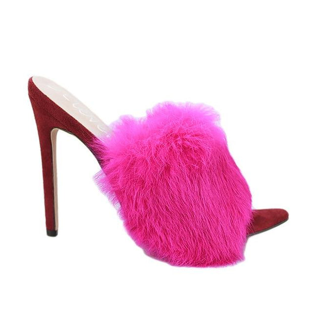 Candy Colour Rabbit Fur High Heel Slippers - Ernadi