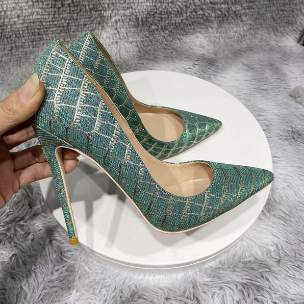 Glitter Embossed Crocodile Effect Women Pointy Toe High Heel Party Dress Shoes Ladies Chic Stiletto Pumps