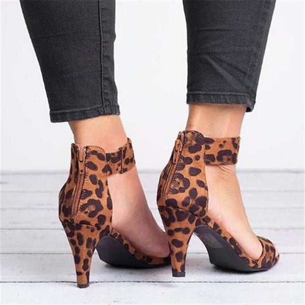 Women Flock Heel Sandals Leopard High Heels Buckle Strap Sandal Shoes