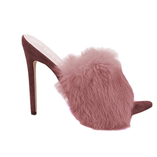 Candy Colour Rabbit Fur High Heel Slippers - Ernadi