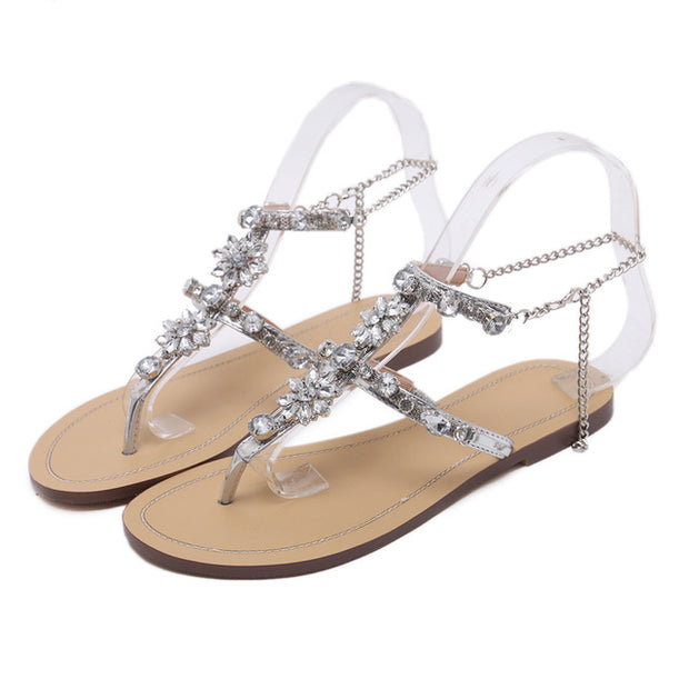 Rhinestones Chains Thong Gladiator Flat Sandals Crystal Plus Size - Ernadi