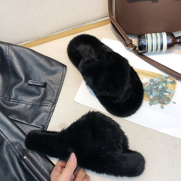 Winter House Women Fur Slippers Cross Band Warm Ladies Plush Shoes Cozy Open Toe Indoor Fuzzy Slides