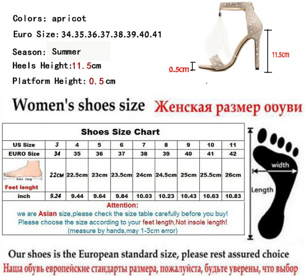 Rhinestone Zipper Feather Women Summer Sandals High Heel Apricot Wedding Pumps