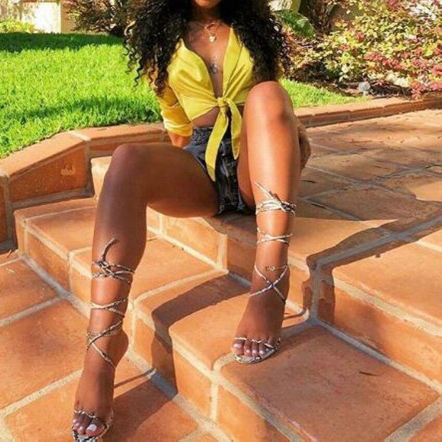 Women High Heels Sandals Summer Outside Snake Print Shoes Woman Lace-Up Cross Strap Gladiator Sandals 11CM Heels - Ernadi