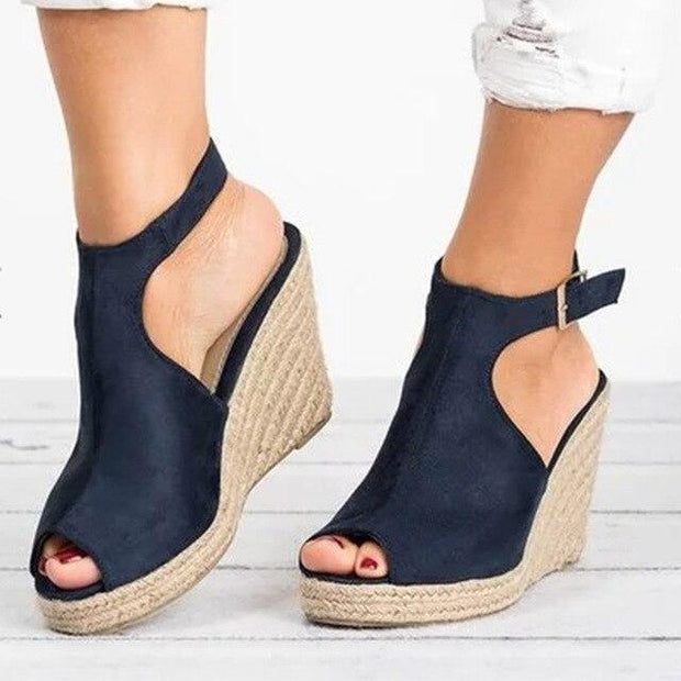 Female Suede Open Toe Cork Wedge Shoes Platform Buckle Strap Ankle Strap High Heels Shoes - Ernadi