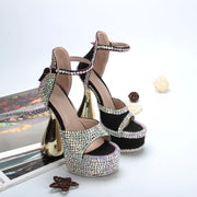 Full Diamond Open Toe Sandals Thick Heel Waterproof Platform Rhinestone Women's Shoes