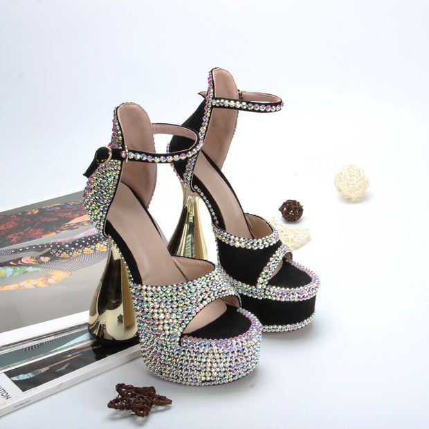Full Diamond Open Toe Sandals Thick Heel Waterproof Platform Rhinestone Women's Shoes