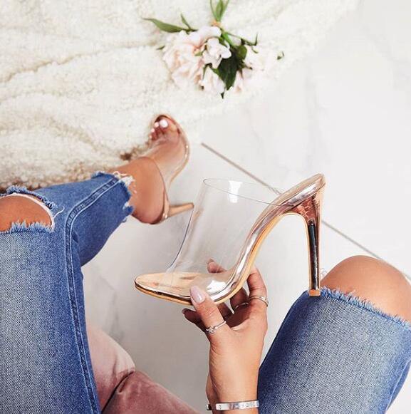 PVC Champagne Slippers Open Toed Thin Heels Women Transparent Heel Sandals Slides Pumps - Ernadi