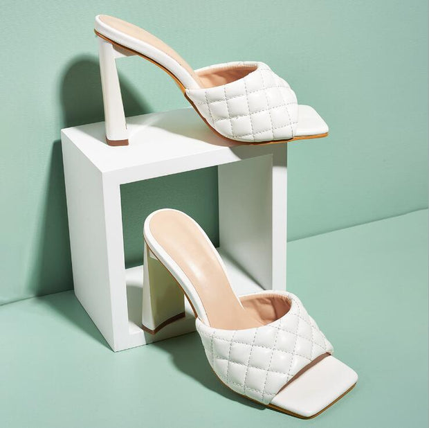 Summer Soft PU Leather Women Mules Slippers Square Head High Heels Party Female Shoes
