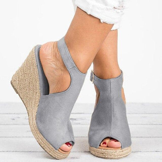 Female Suede Open Toe Cork Wedge Shoes Platform Buckle Strap Ankle Strap High Heels Shoes - Ernadi