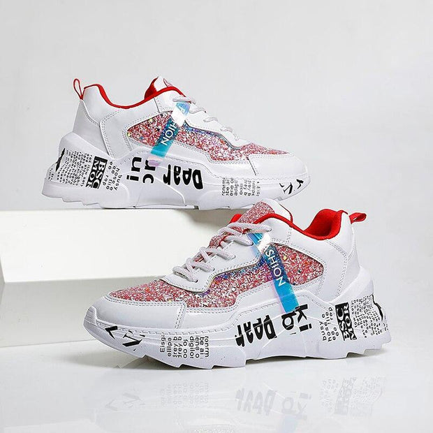 Chunky Sneakers Platform Spring Shoes Sequined Casual Bling Female Red Dames Dad Shoe - Ernadi