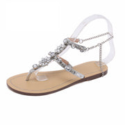 Rhinestones Chains Thong Gladiator Flat Sandals Crystal Plus Size - Ernadi