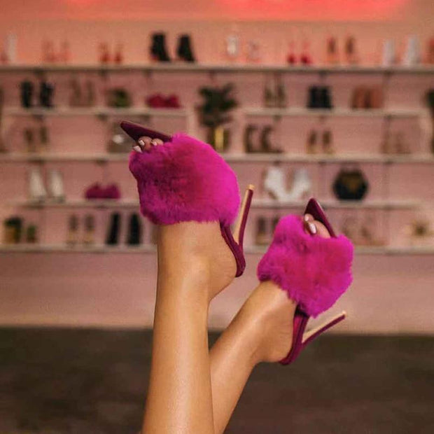 Candy Colour Rabbit Fur High Heel Slippers - Ernadi