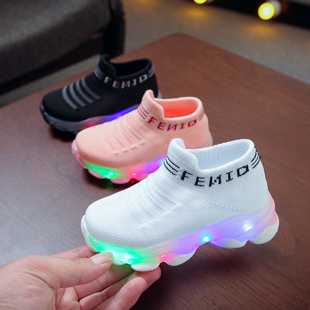 Girls Boys Letter Mesh Led Luminous Socks Sneakers Shoes Light Up Shoes