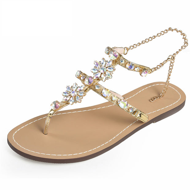 Rhinestones Chains Thong Gladiator Flat Sandals Crystal Plus Size - Ernadi