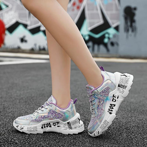 Chunky Sneakers Platform Spring Shoes Sequined Casual Bling Female Red Dames Dad Shoe - Ernadi