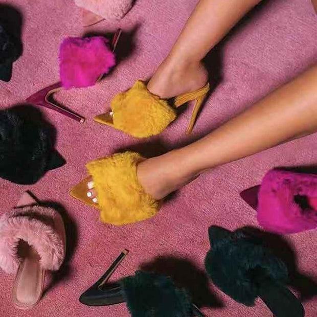 Candy Colour Rabbit Fur High Heel Slippers - Ernadi