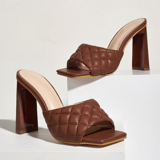 Summer Soft PU Leather Women Mules Slippers Square Head High Heels Party Female Shoes