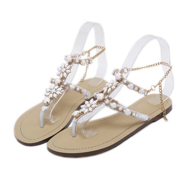Rhinestones Chains Thong Gladiator Flat Sandals Crystal Plus Size - Ernadi