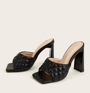 Summer Soft PU Leather Women Mules Slippers Square Head High Heels Party Female Shoes