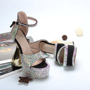 Full Diamond Open Toe Sandals Thick Heel Waterproof Platform Rhinestone Women's Shoes