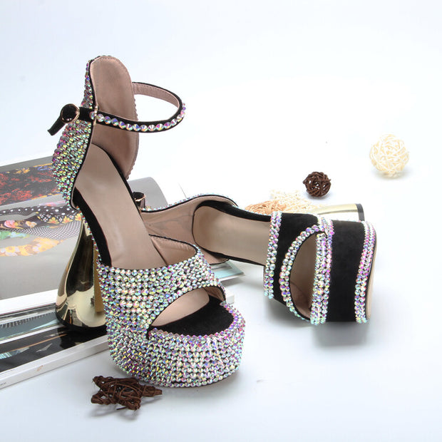 Full Diamond Open Toe Sandals Thick Heel Waterproof Platform Rhinestone Women's Shoes