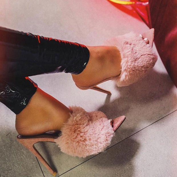 Candy Colour Rabbit Fur High Heel Slippers - Ernadi