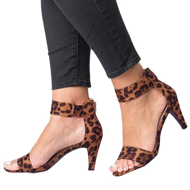 Women Flock Heel Sandals Leopard High Heels Buckle Strap Sandal Shoes