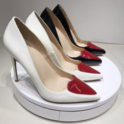 Red Love Heart Patchwork Women White Patent Pointy Stiletto High Heels Ladies Slip on Pumps Shoes