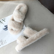 Winter House Women Fur Slippers Cross Band Warm Ladies Plush Shoes Cozy Open Toe Indoor Fuzzy Slides