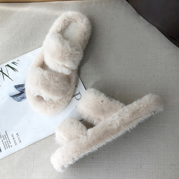 Winter House Women Fur Slippers Cross Band Warm Ladies Plush Shoes Cozy Open Toe Indoor Fuzzy Slides