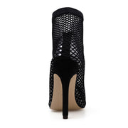 PVC Transparent Mesh Stretch Fabric Sock Boots Thin Heels Pointed Toe Ankle Woman Boot Black