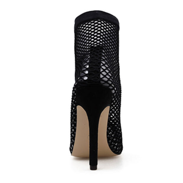 PVC Transparent Mesh Stretch Fabric Sock Boots Thin Heels Pointed Toe Ankle Woman Boot Black