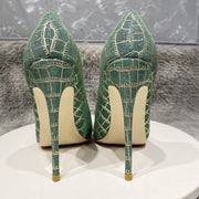 Glitter Embossed Crocodile Effect Women Pointy Toe High Heel Party Dress Shoes Ladies Chic Stiletto Pumps