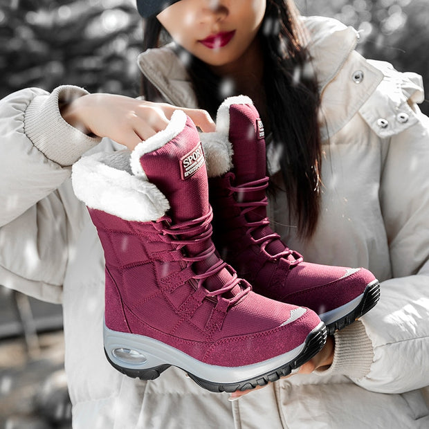 Women Boots Winter Keep Warm Mid-Calf Snow Boots Ladies Lace-up Comfortable Waterproof Booties