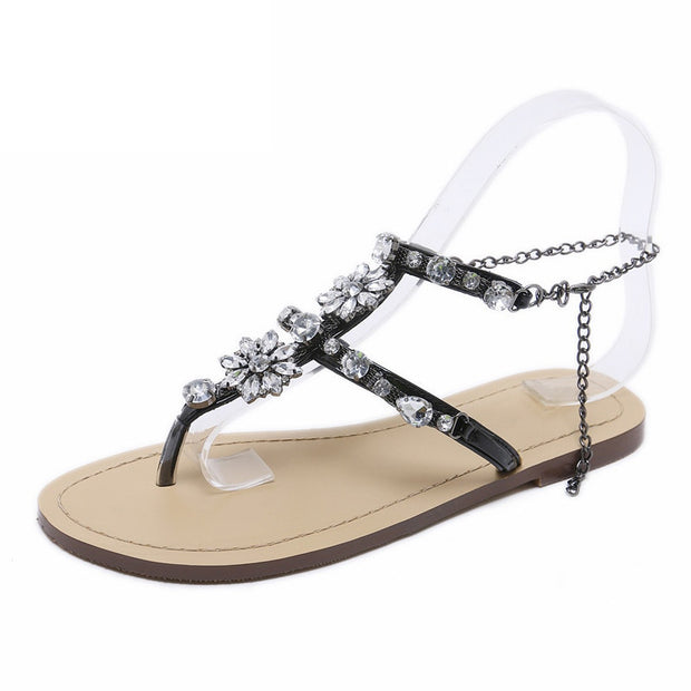 Rhinestones Chains Thong Gladiator Flat Sandals Crystal Plus Size - Ernadi