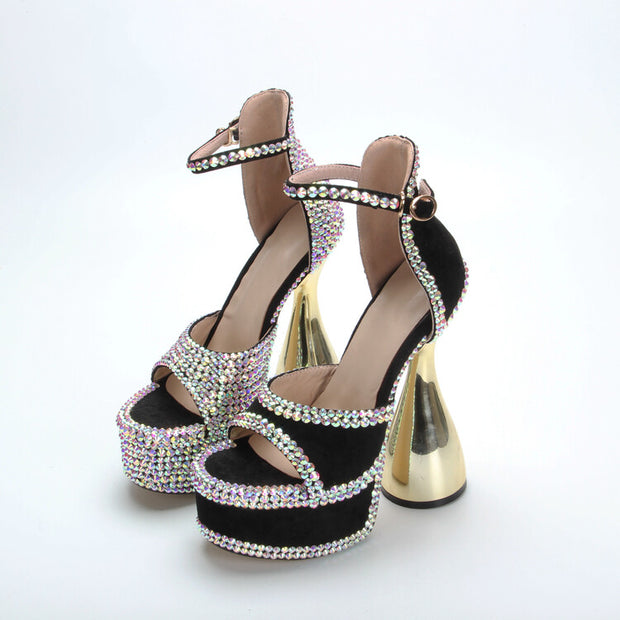 Full Diamond Open Toe Sandals Thick Heel Waterproof Platform Rhinestone Women's Shoes