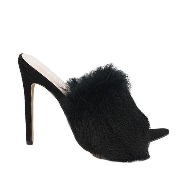 Candy Colour Rabbit Fur High Heel Slippers - Ernadi