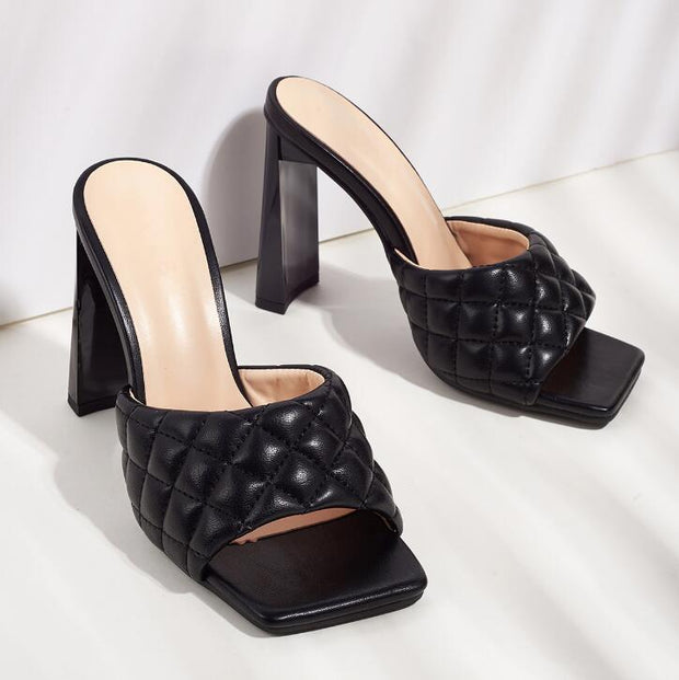 Summer Soft PU Leather Women Mules Slippers Square Head High Heels Party Female Shoes