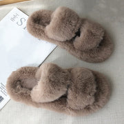 Winter House Women Fur Slippers Cross Band Warm Ladies Plush Shoes Cozy Open Toe Indoor Fuzzy Slides