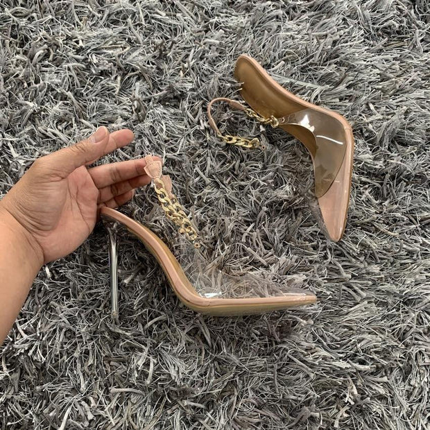 Transparent Pumps Pointed Toe Chain Design Crystal Heel Stiletto - Ernadi
