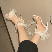 Feather Open Toe Strap High Heels Summer Ankle Lace-Up Sandals Clear Heel Women Party Shoes