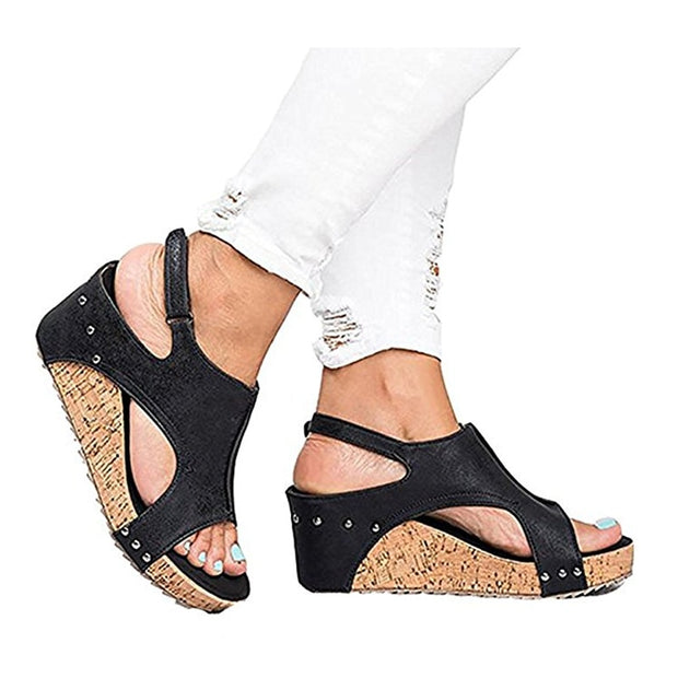 Peep Toe PU Buckle Hook-Loop Wedges Sandals Women’s Summer Shoes