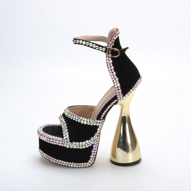 Full Diamond Open Toe Sandals Thick Heel Waterproof Platform Rhinestone Women's Shoes