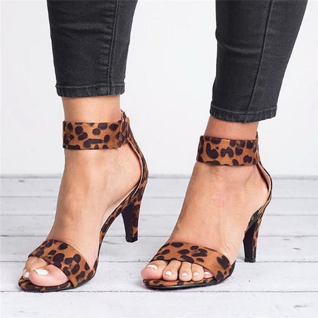 Women Flock Heel Sandals Leopard High Heels Buckle Strap Sandal Shoes