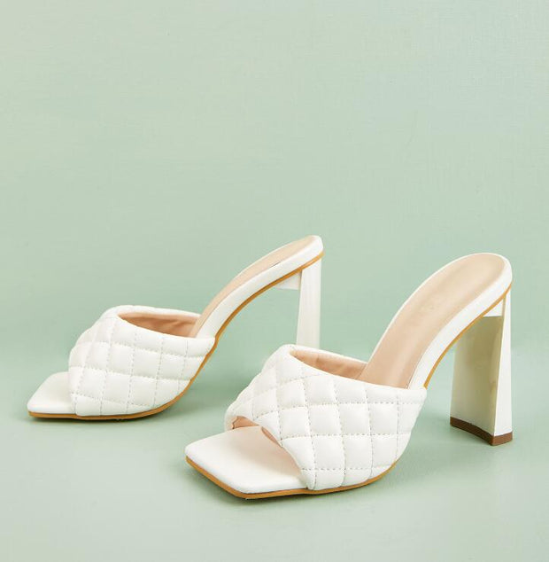 Summer Soft PU Leather Women Mules Slippers Square Head High Heels Party Female Shoes