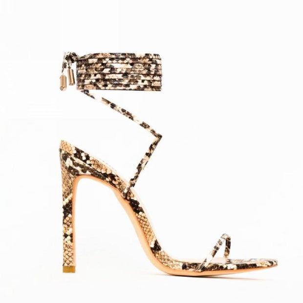 Women High Heels Sandals Summer Outside Snake Print Shoes Woman Lace-Up Cross Strap Gladiator Sandals 11CM Heels - Ernadi