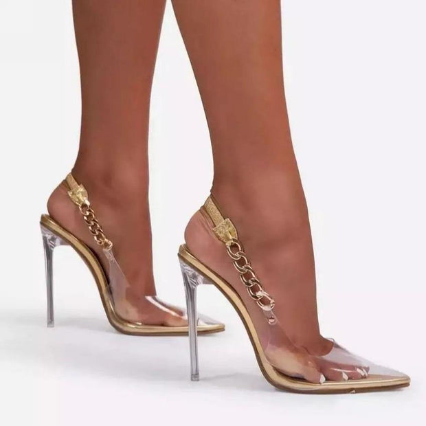 Transparent Pumps Pointed Toe Chain Design Crystal Heel Stiletto - Ernadi