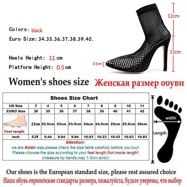 PVC Transparent Mesh Stretch Fabric Sock Boots Thin Heels Pointed Toe Ankle Woman Boot Black