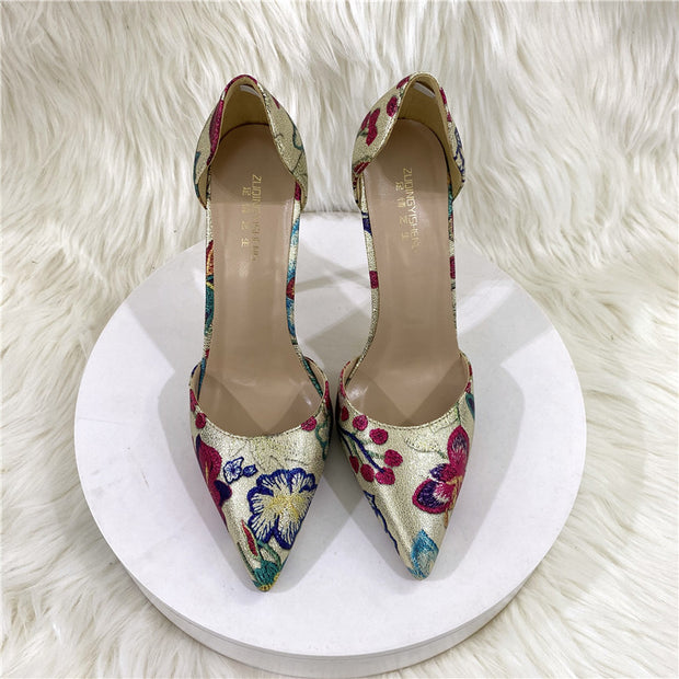 Gold Embroidered Hollow High Heel Pointed Shallow Mouth Shoes